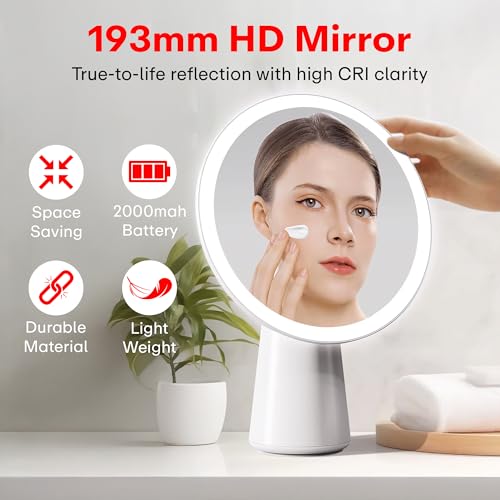 Image of Prime Pick Beauty Pro Makeup Mirror LED Light 360 Degree Rotating Vanity Mirror 3 Color Lighting Portable Lightweight Travel Mirror for Home Multipurpose Use White Pack of 1