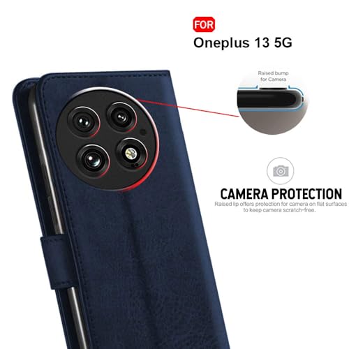 Image of TheGiftKart Flip Cover Back Case for OnePlus 13 5G | Genuine Leather Finish | Designer Button | Inbuilt Pockets & Stand | Wallet Style Flip Back Cover Case for OnePlus 13 5G (Faux Leather, Blue)