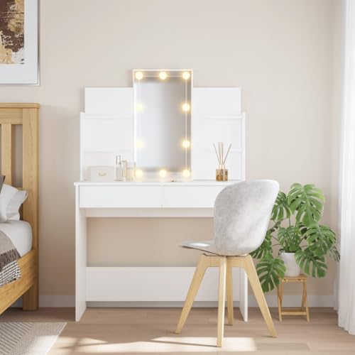 Teenpull Tocador con espejo, luces LED, 2 cajones, 4 estantes, 96 x 40 x 142 cm, color blanco