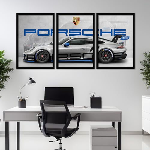 Image of ARTELLY Big Porsche 911 GT3rs Sports Car Framed Wall Posters, Set of 3, Premium Framed Painting, Living Room Bedroom Decoration, Large Size Gift Item for Boys Room Decor (Porsche 1, 10x13 inch)