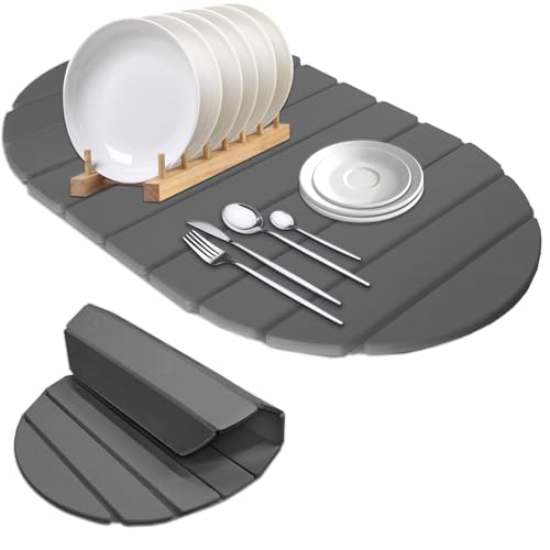 Stone Drying Mats, Large Rounded Corner Diatomaceous Earth Quick Drying Mat,Foldable Stone Absorbent Mat for Kitchen Countertops,Match Any Countertop (Gray, Large)