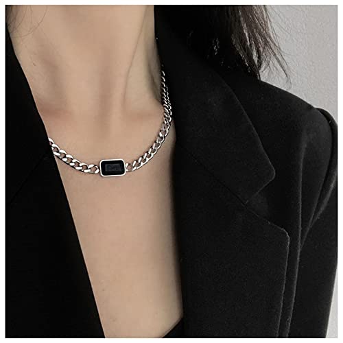 Cimenexe Bohemio Collar De Cristal Negro Colgante De Plata Collar De Cadena De Freno Negro Collar De Gargantilla Cuadrada Cz Eslabón Grueso Collar De Cadena De Joyería Para Mujeres Y Niñas Regalos