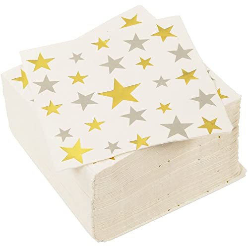 100-Pack Disposable Paper Napkins with Silver and Gold Foil Stars Designs for Holiday and New Year’s Eve Parties, 3-Ply, White, 5 X 5 Inches
