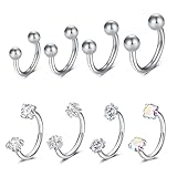 Funseedrr Piercing de herradura para tabique, 8 piezas, 16 G/18 G, 6/8/10/12 mm, acero inoxidable con circonita plateada para tragus, nariz, pezón, septum nasal, oreja, caracola y labio, piercing para