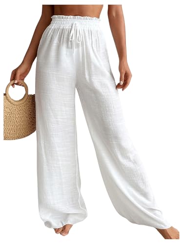 Women's Cover Up Beach Pants Sheer Mesh Drawstring Wide Leg High Waist Bikini Swimsuit Coverups