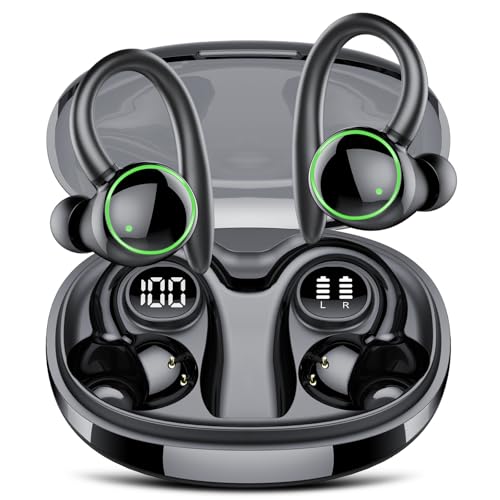Wireless Earbuds, Bluetooth 5.3 Headphones HiFi Stereo, Bluetooth Earbuds with ENC Noise Cancelling Mic, IP7 Wireless Earphones with 48H LED Display, Ear Buds with EarHooks for Running, Deep Black