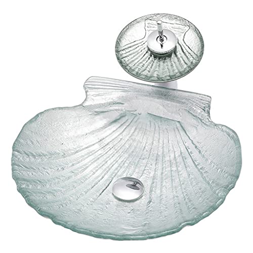 MBROS Cuarto de baño Lavabo de Recipiente de baño Moderno En Forma de Concha Lavabo de Vidrio Lavabo Instalación de encimera Lavabos de tocador de baño con Grifo Cromado y Drenaje emergente (Color