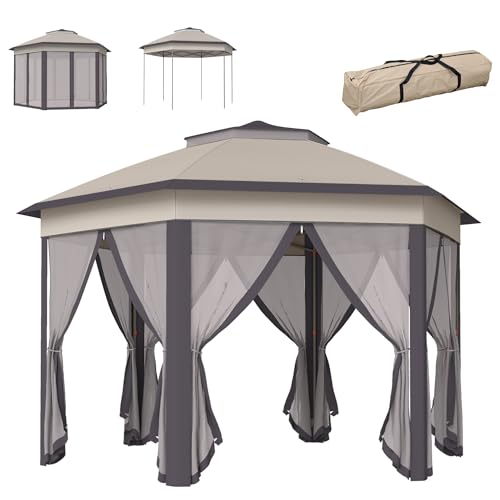 Outsunny Pavillon 4x4m Wasserdicht Pop-up sechseckiger Faltpavillon,...