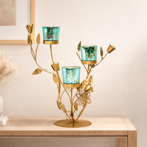 Image of Market99 Glossy Blue Glass T-Light Holder Set of 2 | Golden Leaf Pattern Metal Tealight C&le St& | Decorative Accent Piece for Home, Office, Dining Table, Balcony & Perfect Decor for Festive Season