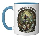 Off to Cause a Kerfuffle Witchy Frog Wizard Snail Meme Humor Ceramic Mug, Blue/White