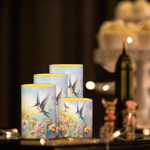 Image of Flameless Candles Battery Powered LED Candles with Remote Timer Color Changing Control Long Lasting for Indoor Outdoor Home Decoration Set of 4, Hummingbird Daisy Purple