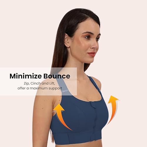 Image of GLAMORAS Women Poly Spandex Padded High Impact Front Zip Compression Sports Bra Criss Cross Back Adjustable Velcro Strap at Band & Shoulder for Gym, Yoga, Running, Fitness & Workout - Size: M-4XL