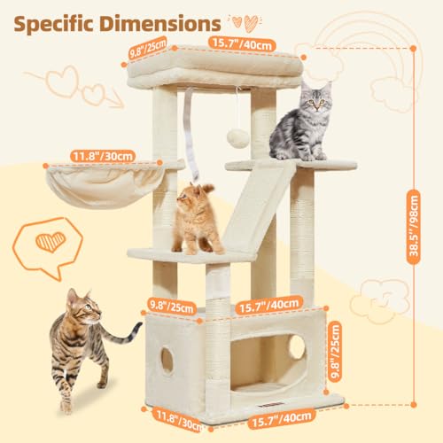 Image of Taoqimiao Cat Tree, 38.5In Cat Tower for Indoor Cats, Suitable for Kittens | Thick Padded Top Perch, Luxurious Cat Condo, Adjustable Basket, 1-Piece Ramp Scratcher, 3 Natural Sisal Posts, Beige, MS029SM