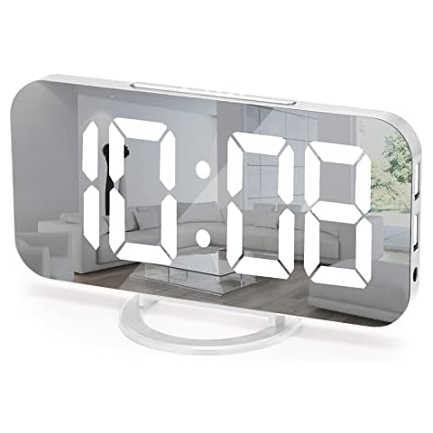 Digital Alarm Clock, LED Mirror Alarm Clock for Bedroom, with Dual USB Ports, 3 Level Brightness, Auto Dimming, Night Mode, Easy Snooze, Bedroom Decor Aesthetic, for Home, Office (White) Cover