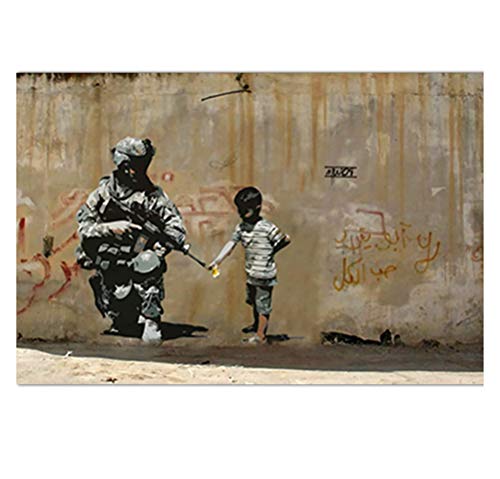 ZSLMX Banksy Wandtattoo Kunst, Straße Graffiti Kunst Banksy Soldat Und Kleiner Junge Bilderplakat, HD Gedruckte Leinwand Malerei Kunstwerk Für Moderne Wohnkultur, Vintage Gelb,50×75cm