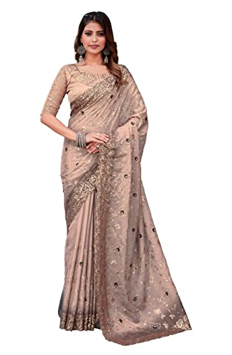 CRAFTSTRIBE Brown Bestickt und Sequence Work Saree Hochzeit und Party Wear Sari mit ungenähtem Blusenteil Cover