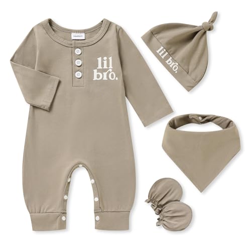 Image of GRNSHTS Newborn Baby Boy Romper Coming Home Outfits Letter Print Bodysuit Jumpsuit+Hat+Gloves 3PCS Clothes Set