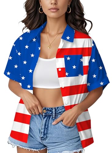 Image of Ithalt 4th of July Hawaiian Shirts Women American Flag Patriotic Short Sleeve Button Down Outfits Summer Vacation Tops