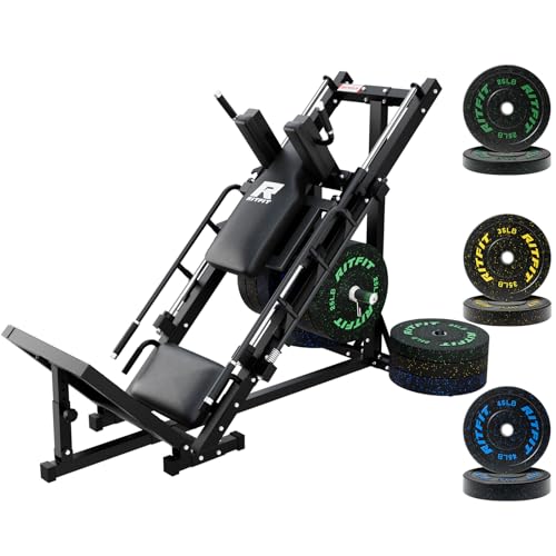 RitFit Adjustable Leg Press and Hack Squat Machine with Weight Plates, Professional Home Gym Equipment with Linear Bearings, for Lower Body Workouts, Weight Storage Posts, 210LB Fleck Rubber Plate Set