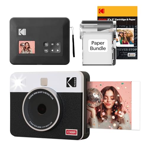Kodak Mini Shot 3 Retro 4PASS 2-in-1-Sofortbildkamera und Fotodrucker, tragbar (7,6 x 7,6 cm) + Paket mit 38 Blatt, Weiß