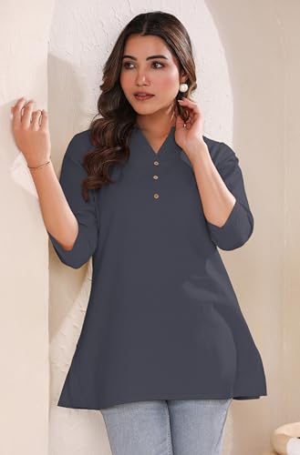 Image of Janasya Women's Light Blue Linen Cotton Solid A-line Top