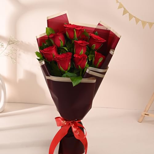 Image of FlowerAura Premium Fresh Live Flower Bouquet of 8 Red Roses In Designer Paper Gift For Birthday | Anniversary | Love | Home Decor | Fathers Day Gift For Dad