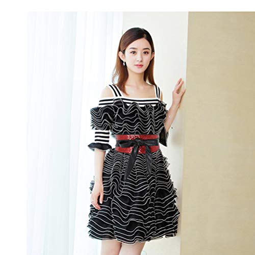 shengweiao Women's Sequin Faux Leather Self Tie Wrap Obi Waist Belt (Red)4