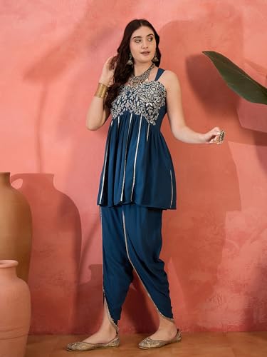 Image of Stylum Women's Solid & Embroidered Rayon A-Line Kurti Dhoti Pant Set