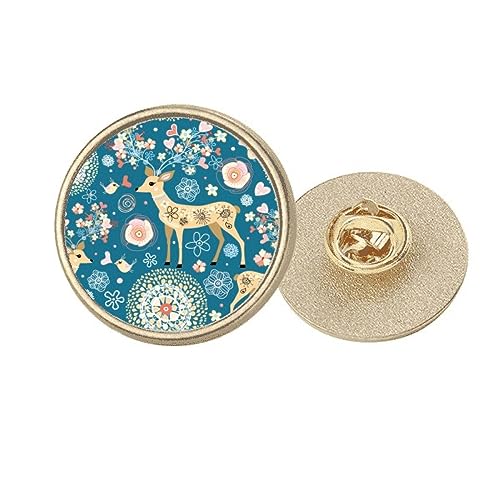 Broche ronde en métal doré cerf fleur bleue pour sublimer vos vestes d'hiver