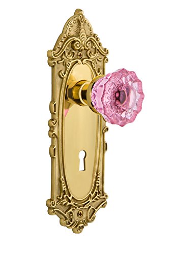 Super Brands Nostalgic Warehouse 726571 Victorian Plate Interior Mortise Crystal Pink Glass Door Knob in Polished Brass, 2.25 with Keyhole