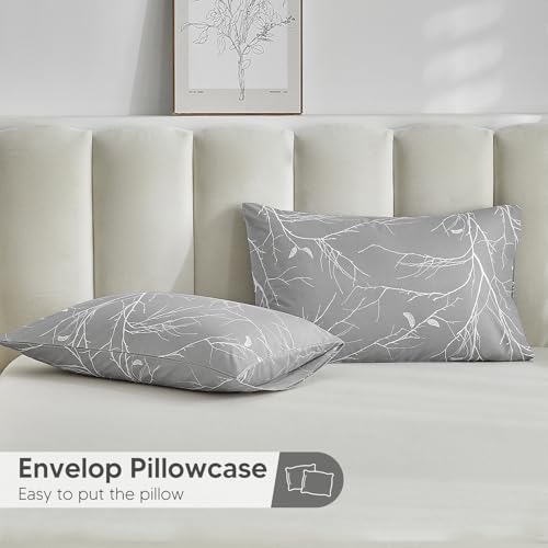 Drap housse microfibre 160x200 cm gris avec taies d'oreiller