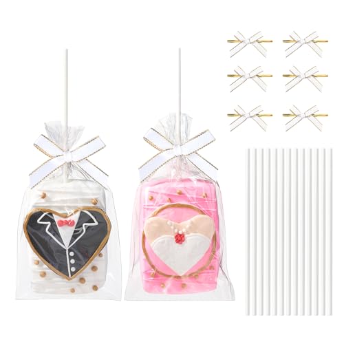 JCXGRVC 50pcs 4x6Inches Clear Rice Krispie Treat Bags with Sticks and Ties Bows Rice Kit Cakesicle Bags Individually Wrapped Packaging for Marshmallow Mcaron Pop Candy Apple Cookies Cake Ore Pop