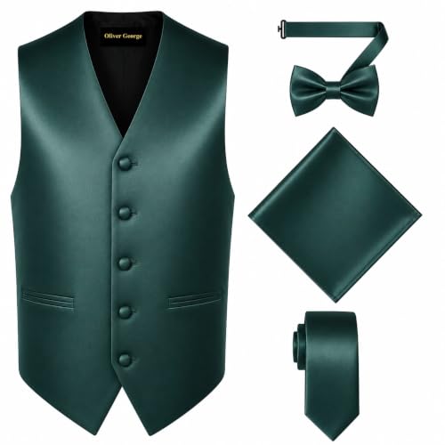 Image of Oliver George 4pc Men's Solid Formal Suit Waistcoat Tuxedo Dress Vest Necktie Bowtie Handkerchief Set for Suit or Tuxedo