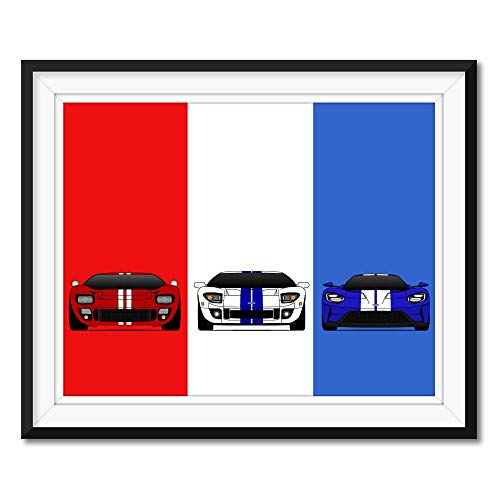 Ford GT Generations (Red, White, Blue) Inspired Poster Print Wall Art of the History and Evolution of the Ford GT40 (Unframed)