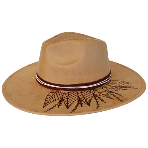 Wildflowers and Barley – Botanical Design Hand-Burned Vegan Suede Cowboy Hat – Wide Brim Rancher Style with Artisan Band, Adjustable Drawstring Fit, Western Boho Festival Fashion Accessory – Camel