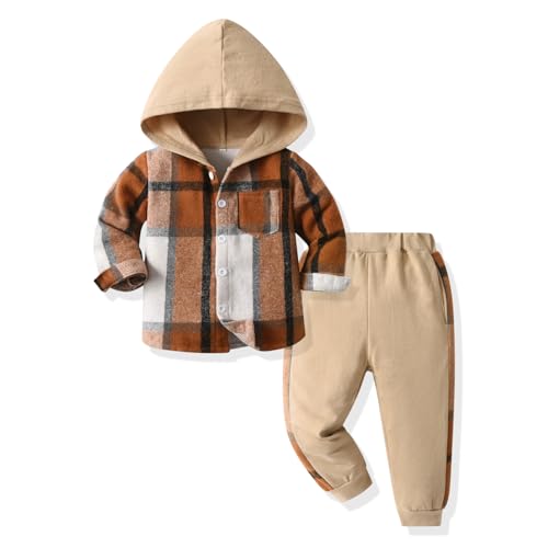 Feidoog Toddler Boys Hood Plaid Pants Set Long Sleeve Button Down Plaid Hooded Tops +Sweatpants Clothing Outfits Set