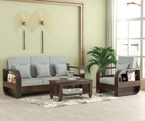 Image of Sheesham Wooden 4 Seater Sofa Set for Living Room | Solid Wood Sofa | Rosewood Sofa Set for Home & Office | Lounge (Walnut,Grey,3+1 Seater)