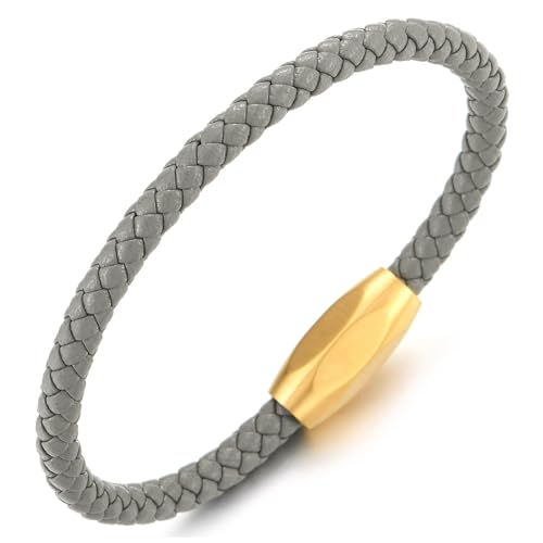 COOLSTEELANDBEYOND Minimalista Gris Cuero Pulsera de Hombre Mujer, Fina Trenzado Cuero Brazalete, Color Oro Acero Oval Cierre