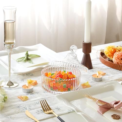 Image of FOMQUAZLI Elegant Glass Jar with Lid for Kitchen Storage | Multipurpose Candy Jar, Dry Fruit, Sugar, Cookies Container | Decorative Crystal Design Glass Storage Box 320ML