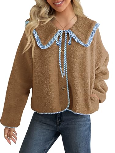 Tankaneo Womens Fuzzy Fleece Jacket Peter Pan Collar Button Down Fall Winter Sherpa Coats Colorblock Cute Warm Outerwear