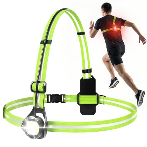 Running Lights for Runners with Rear Red Warning Light, 360° High Visibility Light Up Vest, Rechargeable Chest Light with Adjustable Beam Angle, IPX4 Waterproof, Reflective Gear for Outdoors, Green