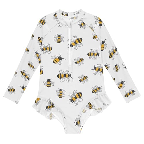 Cute Bee Girls Long Sleeve Swimsuit Rash Guard One Piece Bathing Suits Zipper 3-12T