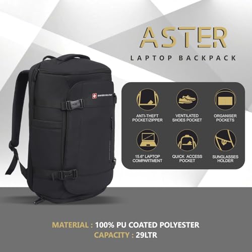 Image of SWISS MILITARY Black Gold Collection Aster Laptop Backpack, Travel Trekking Bag with Trolley Strap, Water Resistant, Multiple Compartments, Front Zip Pocket, Laptop Sleeve, Outdoor & Office Bag (29L)