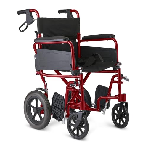 Medline Basic Aluminum Transport Chair Lightweight Folding Transport Wheelchair with Swing-Back Arms 12 Wheels Red