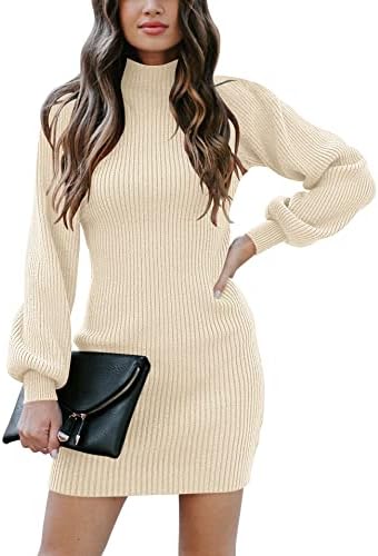 ANRABESS Women High Neck Long Sleeve Casual Knit Sweater Bodycon Dress for Winter A145kaqi-M Apricot