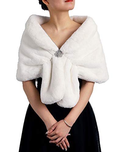 JEWEKY 1920s Bride Wedding Fur Shawls and Wraps Winter Bridal Faux Fox Fur Stoles and Scarfs for Women and Bridesmaids (A-White, US 4-14 (S-M))