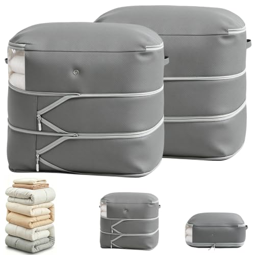 Image of Comforter Storage Bag, Large Capacity Blanket Storage Bags 3-Layer Ultra Space Saving Self Compression Organizer, Heavy Duty Space Saver Organizer for Bedding, Clothes, Blanket, 2-Pack, Gray