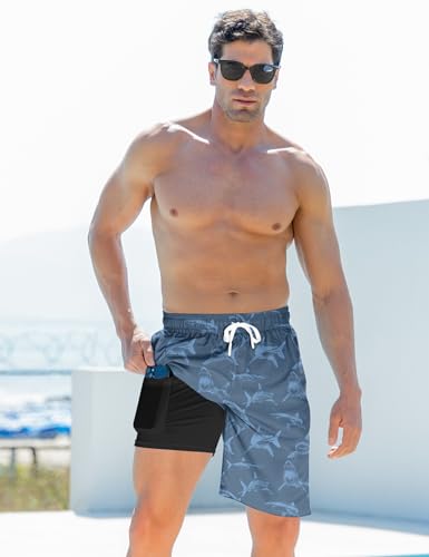 Goodstoworld Hawaiian Swimming Trunks Men with Compression Liner Men's Blue Shark Swimsuit Trunks 9" Board Shorts Men's Quick Dry Bathing Suit Summer Man Beach Short — view 2