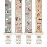 Stadela Baby Pacifier Clip Holder - Girl or Boy Unisex 4 Pack Gift Set – Farm Animals Barn and Tractors Neutral