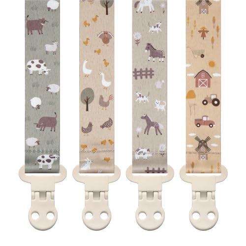 Stadela Baby Pacifier Clip Holder - Girl or Boy Unisex 4 Pack Gift Set – Farm Animals Barn and Tractors Neutral